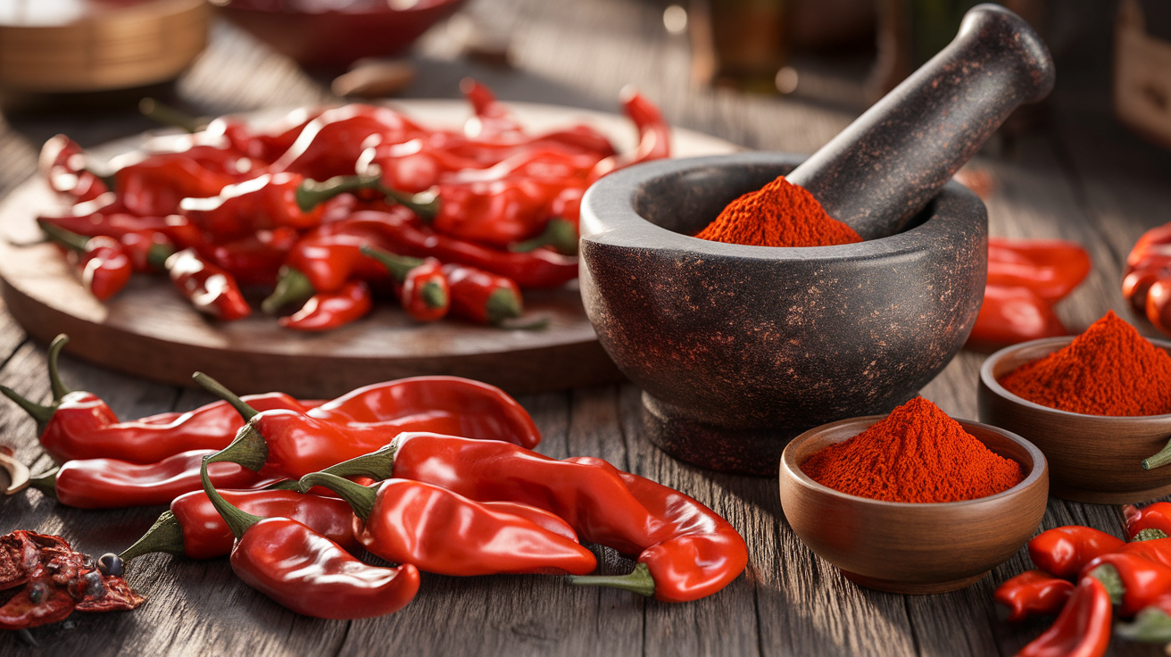 Glass jar of homemade smoked paprika with red powder and smoked dried peppers on a wooden table.
