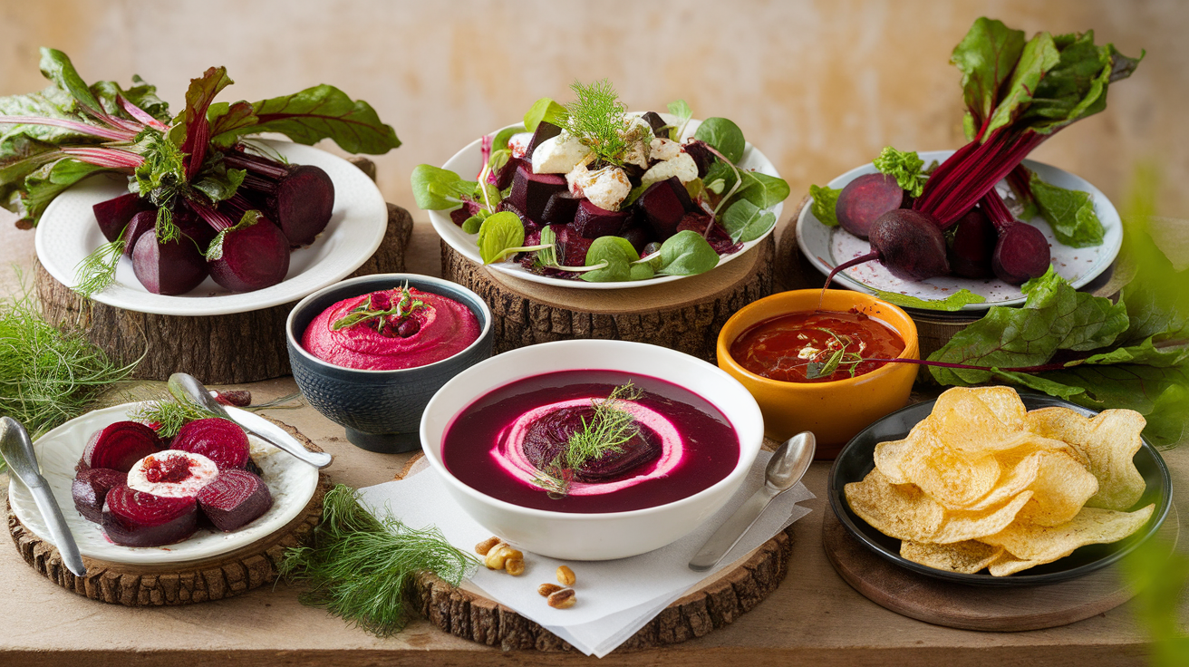 Six colorful cooked beet dishes arranged on a rustic table, including roasted beets, beet salad, beet hummus, pickled beets, beet soup, and beet chips.