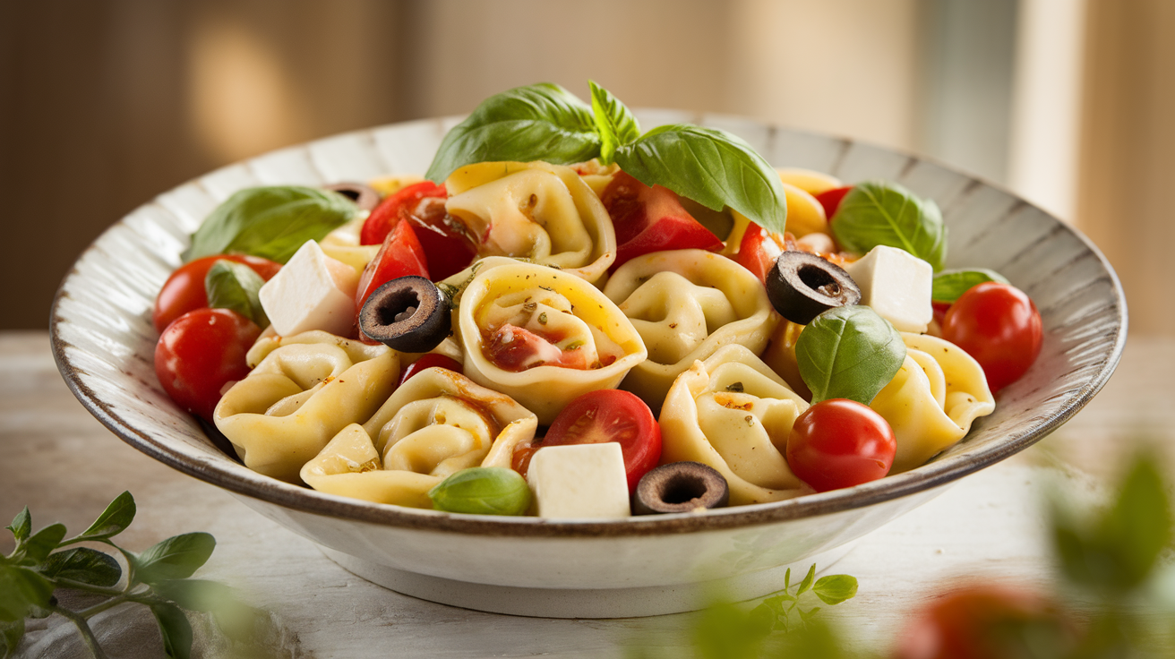 Fresh Italian tortellini salad with cheese-filled pasta, cherry tomatoes, olives, mozzarella, and basil in a white bowl, drizzled with balsamic dressing.