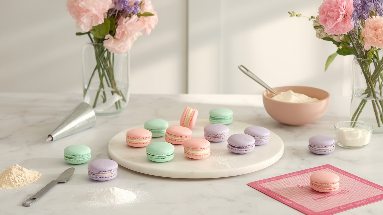 Step-by-step guide on making French macarons for beginners, showing ingredients, piping technique, and finished colorful macarons.