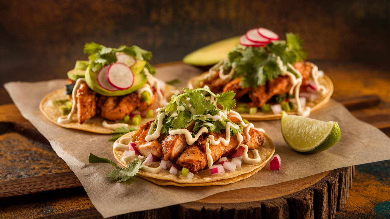 Freshly made chicken street tacos on a plate with corn tortillas, topped with diced onions, cilantro, and lime wedges, served with salsa verde.