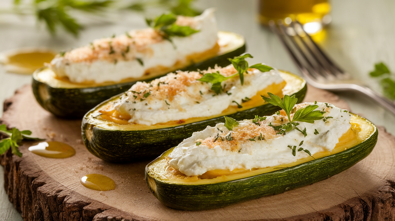 Freshly baked ricotta-stuffed zucchini boats with herbs and melted cheese on a white plate, garnished with basil.