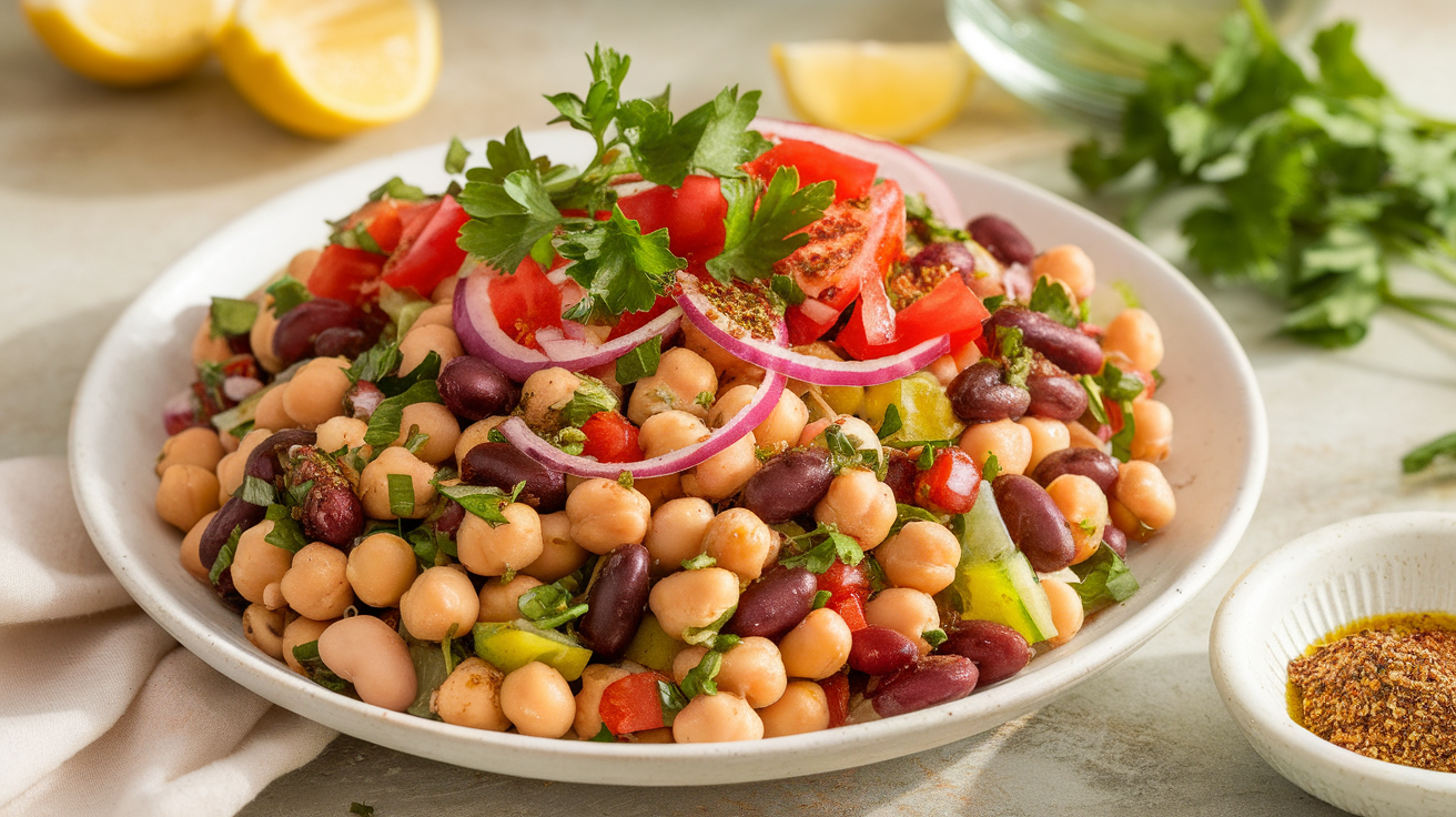 Vibrant marinated Za'atar bean salad with chickpeas, fresh herbs, red onion, and lemon dressing in a white bowl.