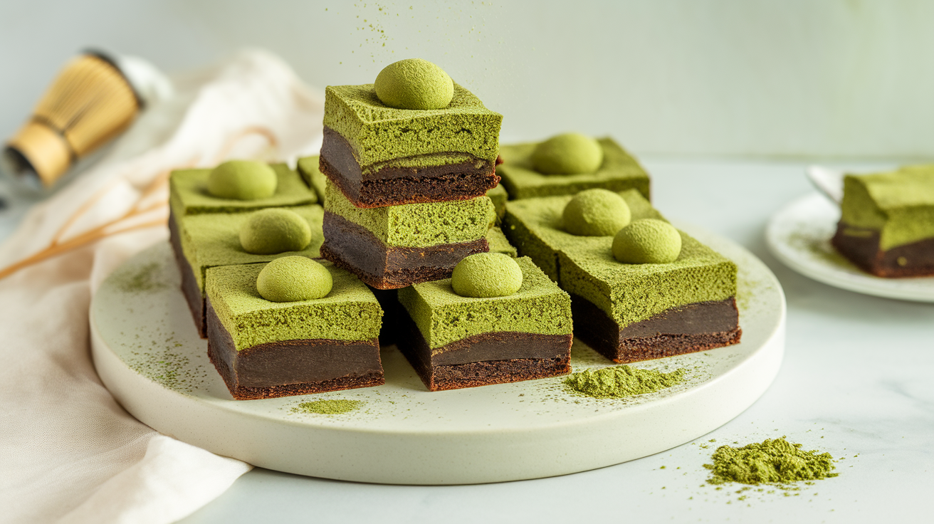 Freshly baked Matcha Mochi Brownies on a white plate, topped with powdered sugar and matcha drizzle, showing a gooey green center.