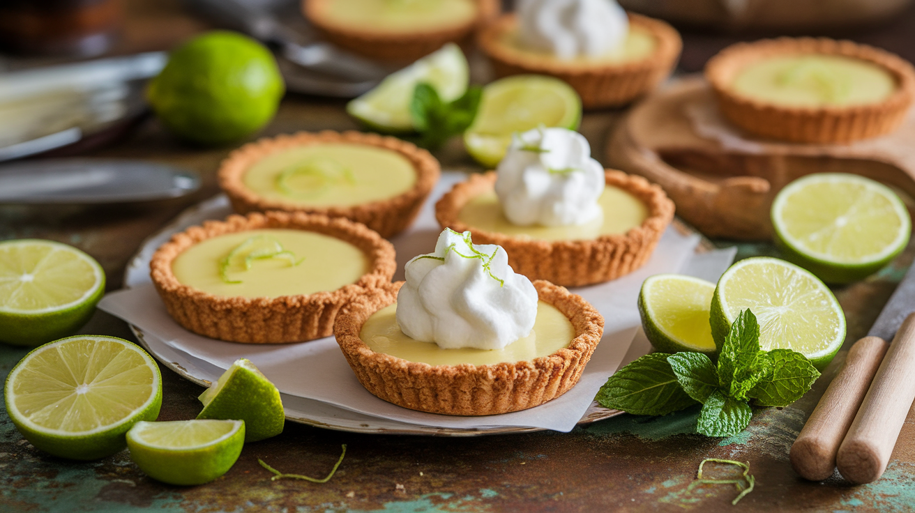 Mini key lime pies in graham cracker crusts with whipped cream and lime slices on a white plate.