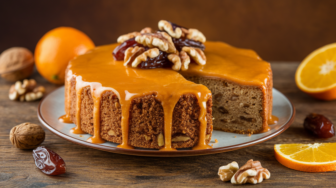 Moist date and walnut cake with orange zest, topped with a glossy zesty orange glaze, garnished with walnut halves and orange slices.