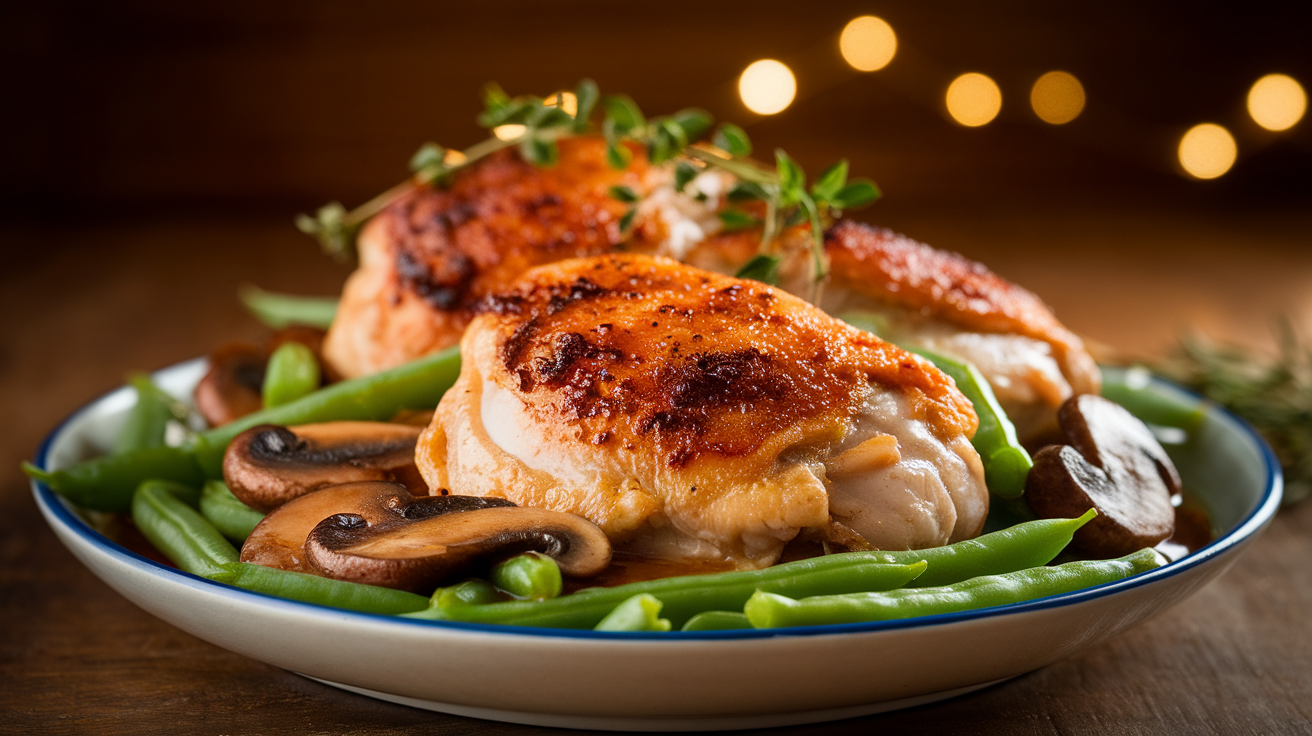 Juicy skillet chicken thighs with green beans, mushrooms, and garlic in a golden brown sauce, cooked in one pan for easy cleanup.