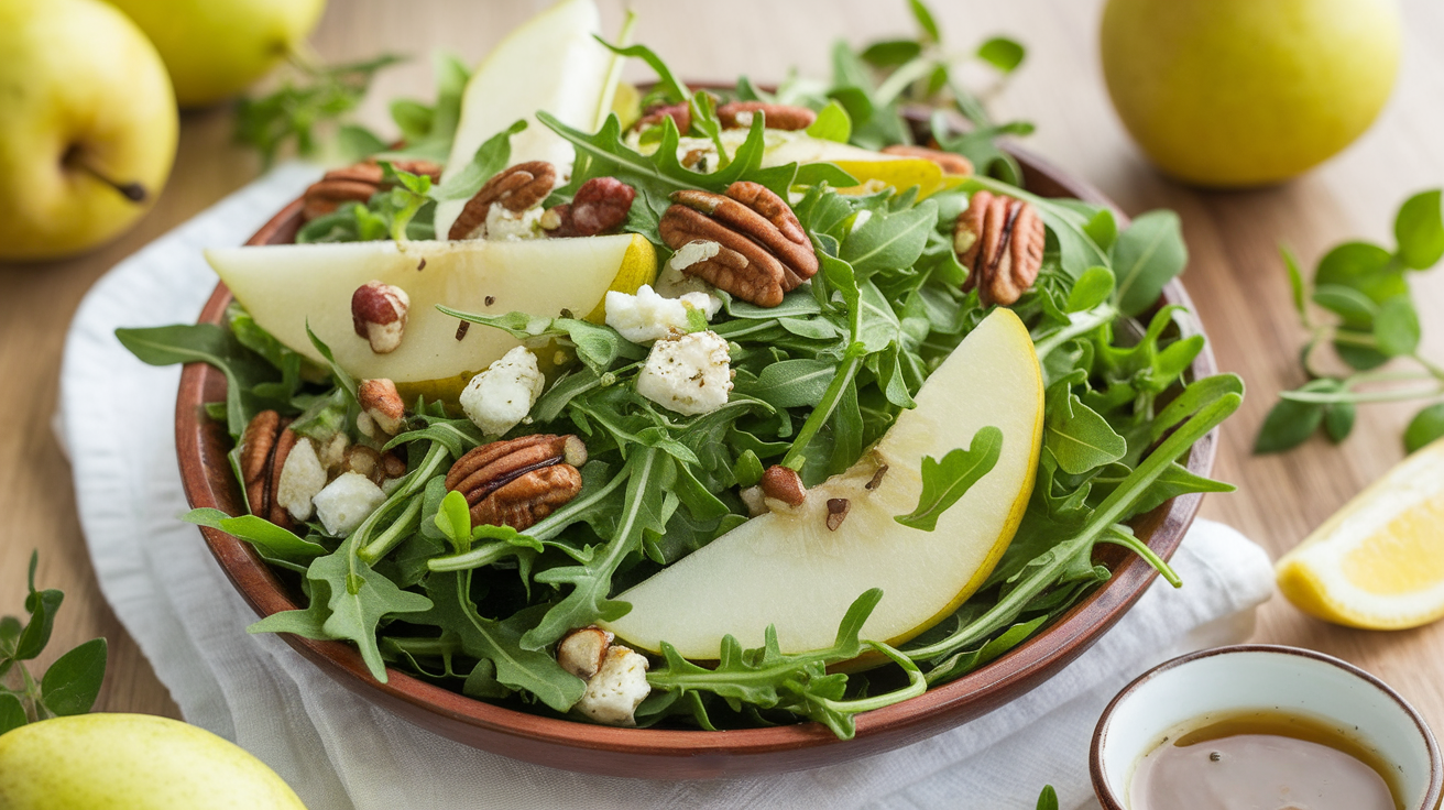 Fresh pear slices and peppery arugula leaves tossed with walnuts, feta cheese, and a light vinaigrette in a white salad bowl.