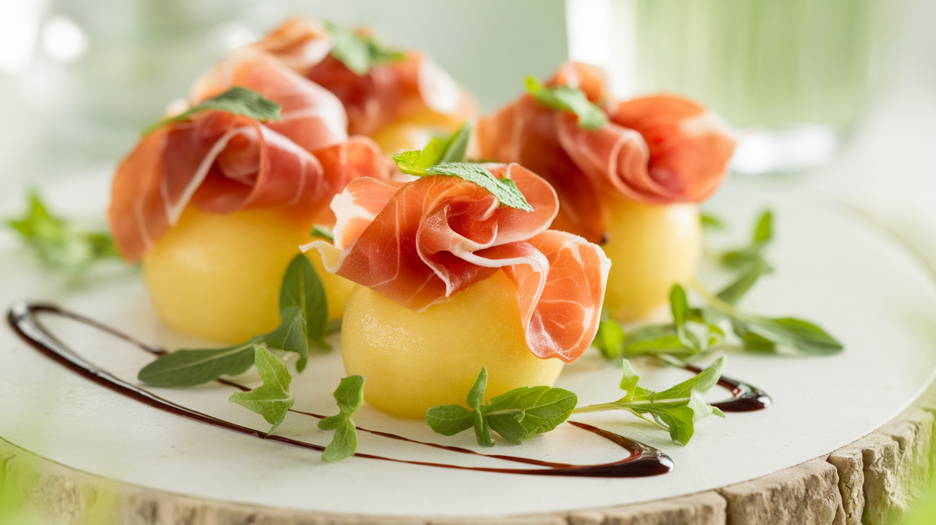 Fresh prosciutto and cantaloupe salad with arugula, mint, and balsamic vinaigrette drizzled on a white plate.
