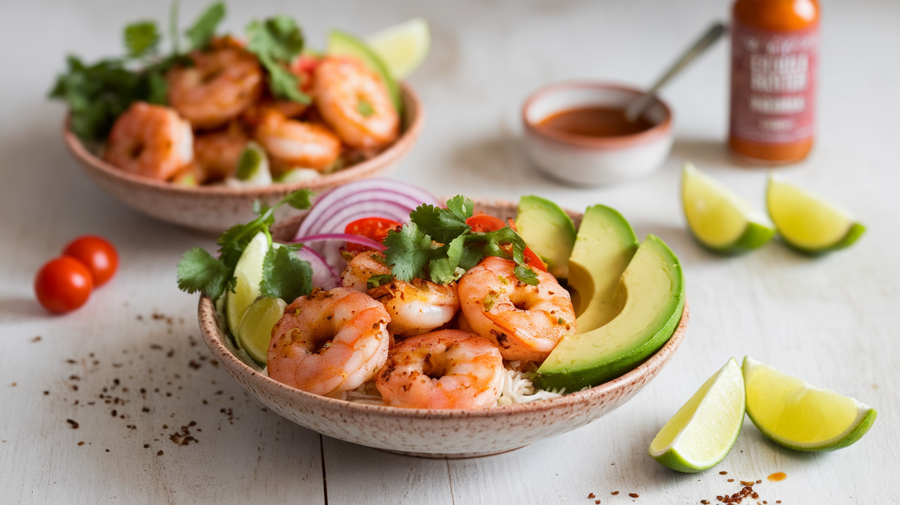 Colorful shrimp bowl with chili-lime seasoned shrimp, creamy avocado slices, cilantro, red onion, and rice, served in a white bowl with lime wedges.
