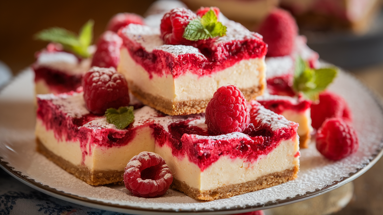 Homemade raspberry cheesecake bars with a buttery graham cracker crust, creamy vanilla cheesecake filling, and swirls of fresh raspberry sauce on a white plate.