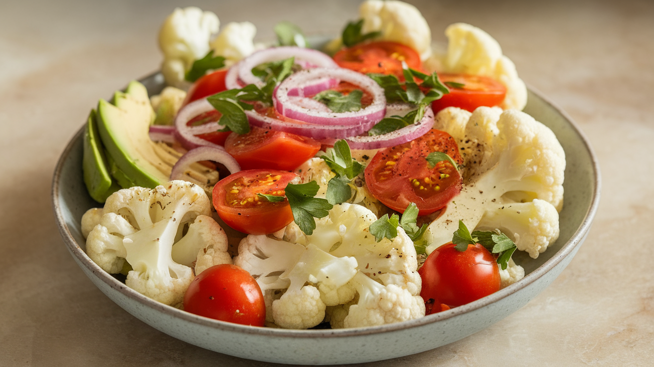 Fresh raw cauliflower-tomato detox salad in a white bowl, with chopped cherry tomatoes, herbs, and lemon wedges, topped with seeds on a rustic wooden table.