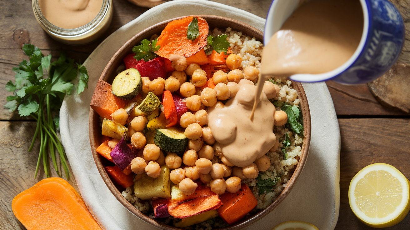 Colorful roasted vegetable and chickpea grain bowl drizzled with maple Dijon tahini dressing, featuring sweet potatoes, broccoli, and red onions on a bed of quinoa.