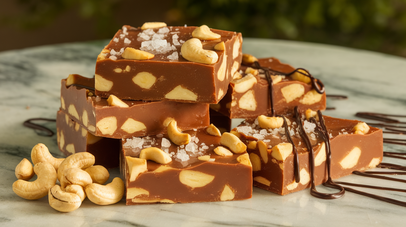 Homemade salted cashew crunch toffee with buttery caramel, roasted cashews, and a sprinkle of sea salt on a wooden board.