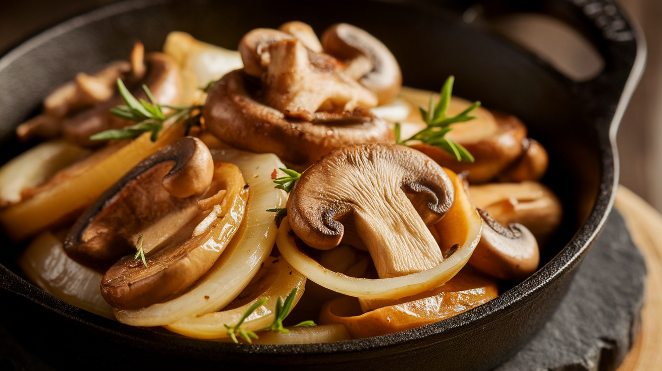 Golden-brown sautéed mushrooms and caramelized onions in a skillet, garnished with fresh thyme.