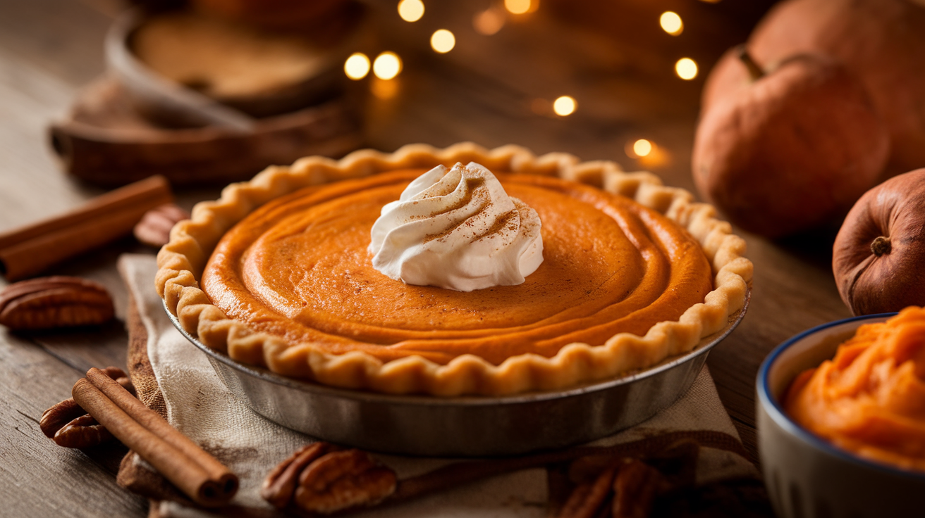 Homemade Southern sweet potato pie with flaky crust, cinnamon spice, and whipped cream on a rustic table.