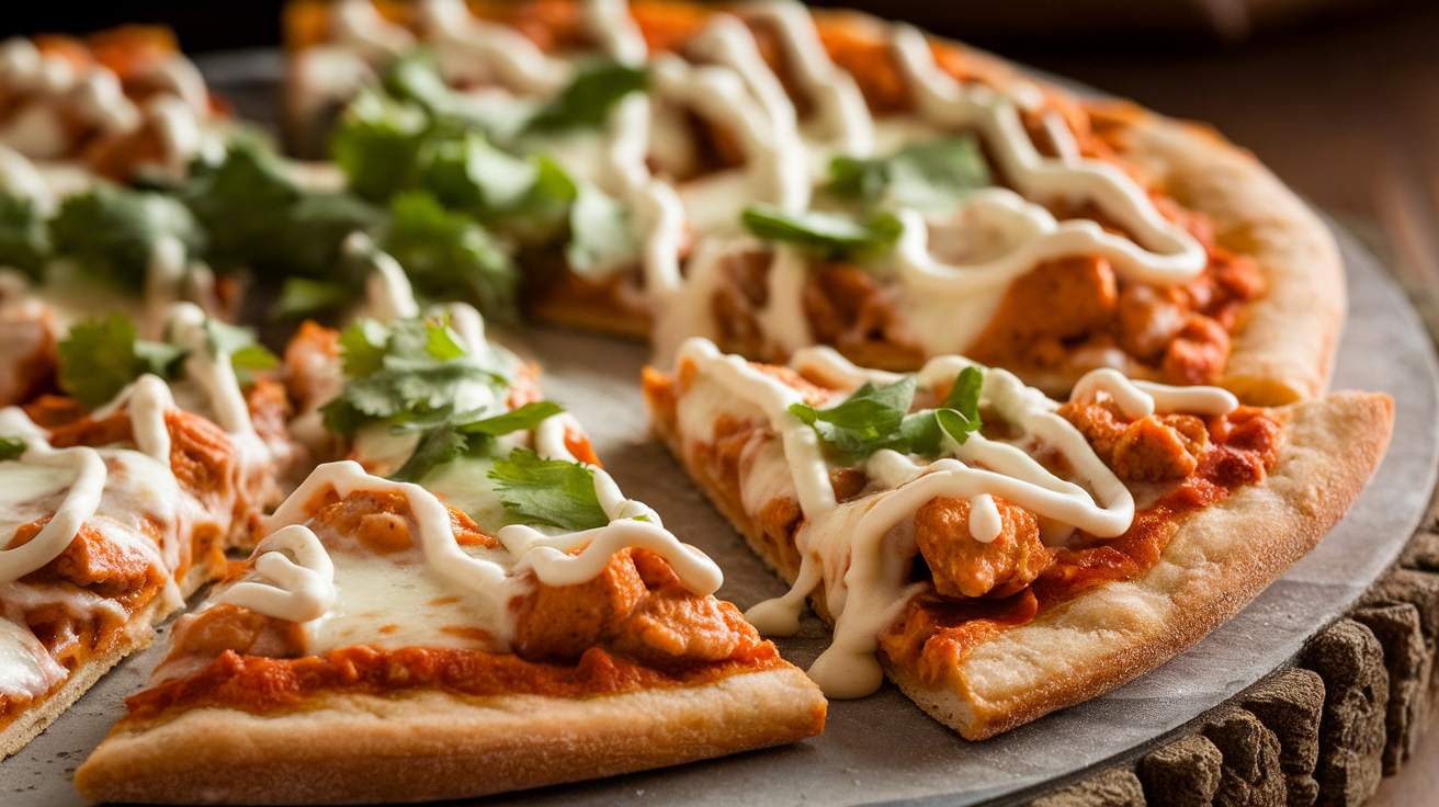 Freshly baked Buffalo Chicken Pizza with crispy crust, spicy buffalo sauce, tender chicken, melted mozzarella, and drizzled ranch dressing.