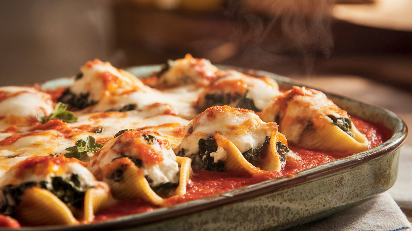 Creamy spinach and ricotta stuffed pasta shells baked in marinara sauce with melted cheese on top.