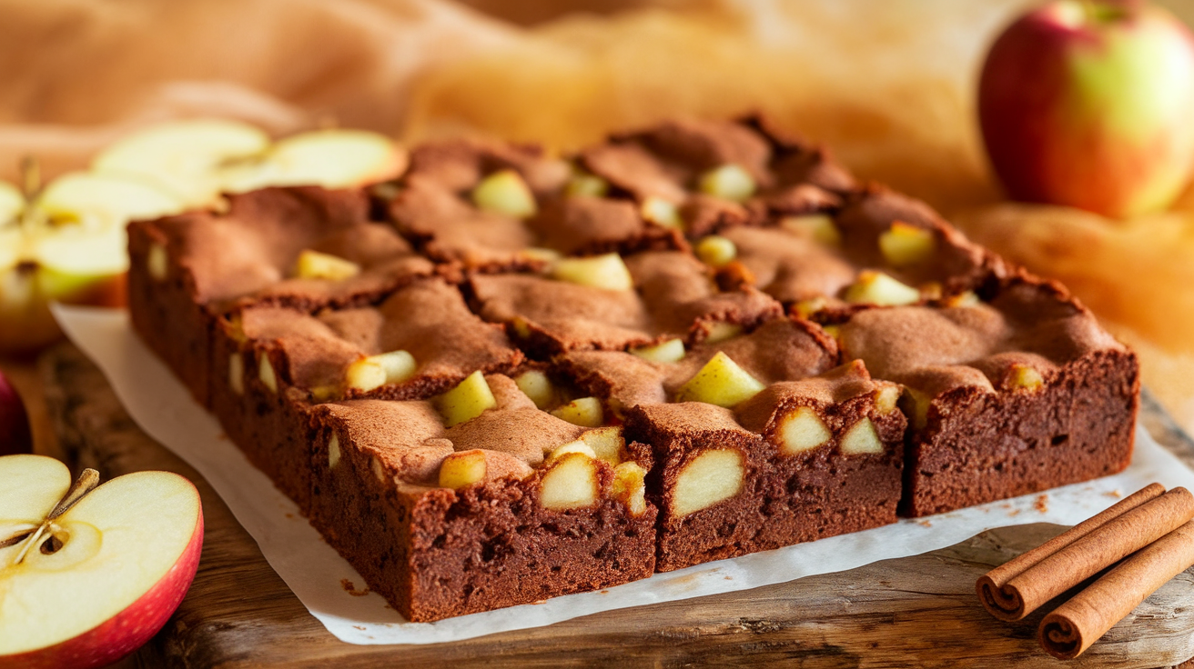 Freshly baked sugar-free apple brownies with cinnamon, walnuts, and diced apples on a rustic wooden table.