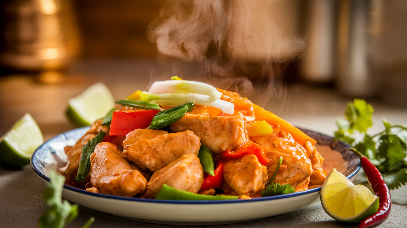 Thai chicken and ginger stir-fry with colorful bell peppers, onions, and fresh herbs in a savory sauce, served over steamed jasmine rice.