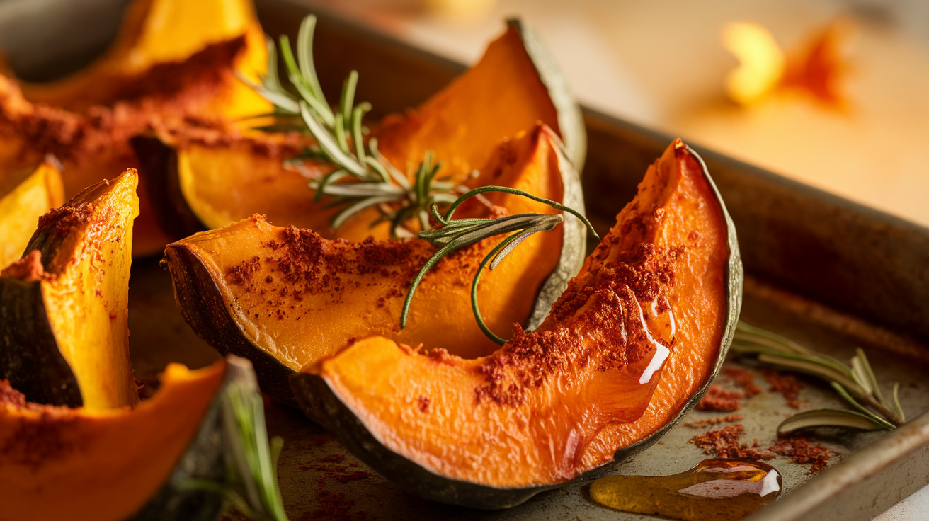Golden spiced roasted pumpkin slices with rosemary on a baking tray, garnished with seeds and a drizzle of honey.